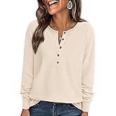 PRETTYGARDEN Women Long Sleeve Waffle Knit Shirts 2026 Fall Casual Button V Neck Loose Henley Tops Basic Tees Winter Clothes