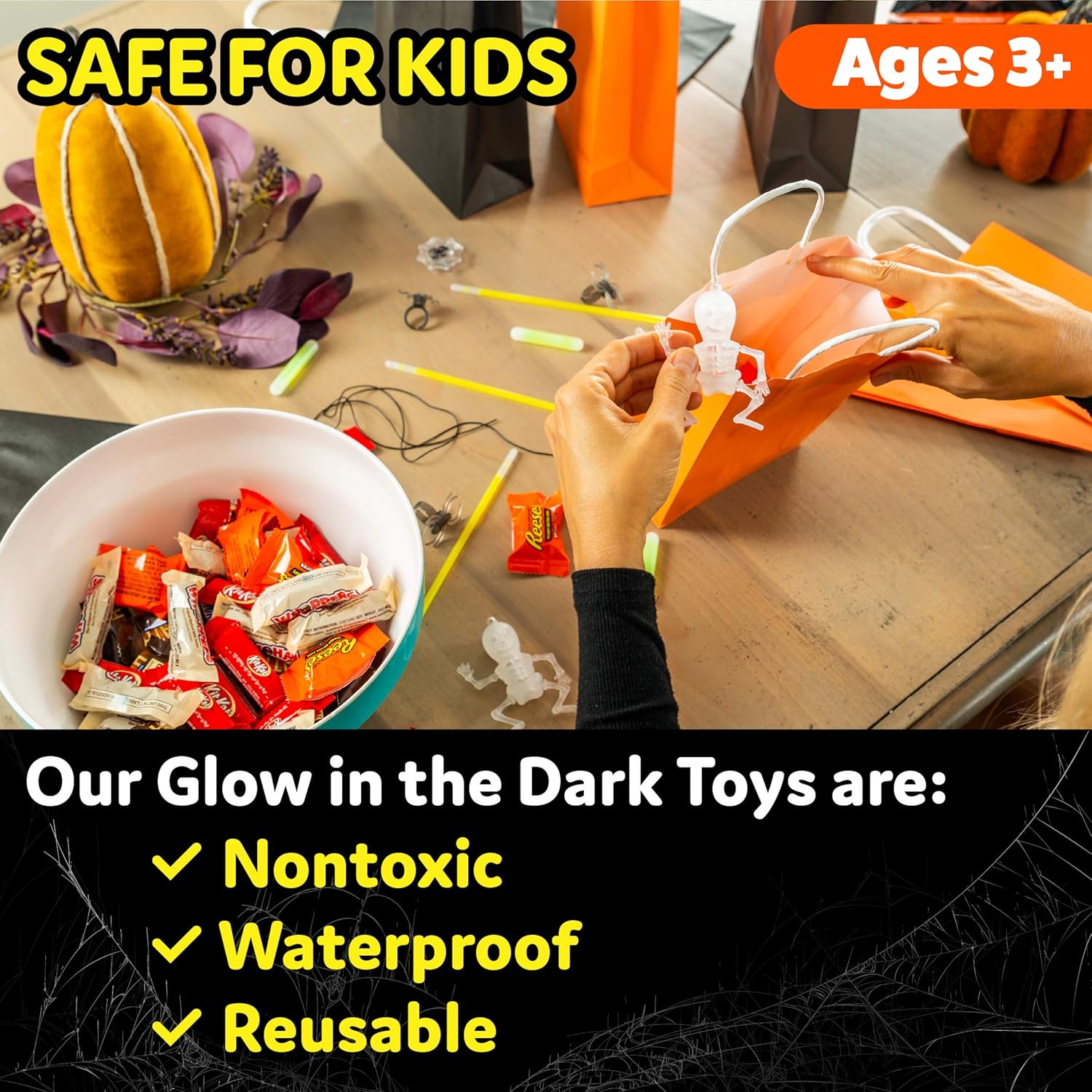PartySticks Glow Party Skeleton Kit Party Favors for Kids - 24pk Glow in The Dark Party Decorations with 15 Glow Sticks, 3 Skeletons, 3 Spider Rings, and 3 Glow Bracelet Connectors: Toys & Games