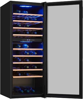 ® Refrigerador de vinho para 78 garrafas, 194L, preto, Classe G, Zona de Dupla Temperatura 5-20°C, Controlo Digital, Porta de Vidro Reversível, Iluminação LED, 9 Prateleiras, Medidas (128,5 x 49 x 57,5 cm)