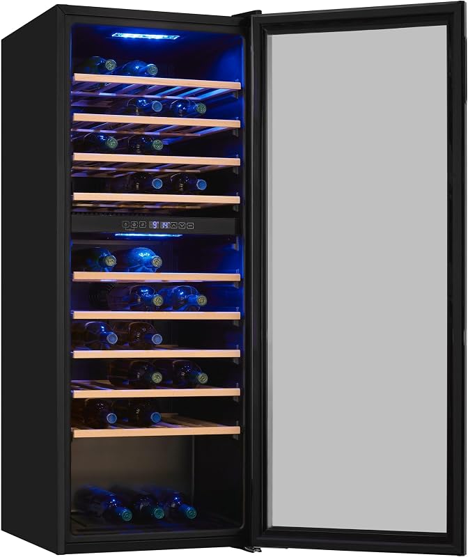 ® Vinoteca para 78 Botellas, 194L, Negro, Clase G, Doble Zona de Temperatura 5-20°C, Control Digital, Puerta de Cristal Reversible, Iluminación LED, 9 Estantes, Medidas (128,5 x 49 x 57,5 cm)