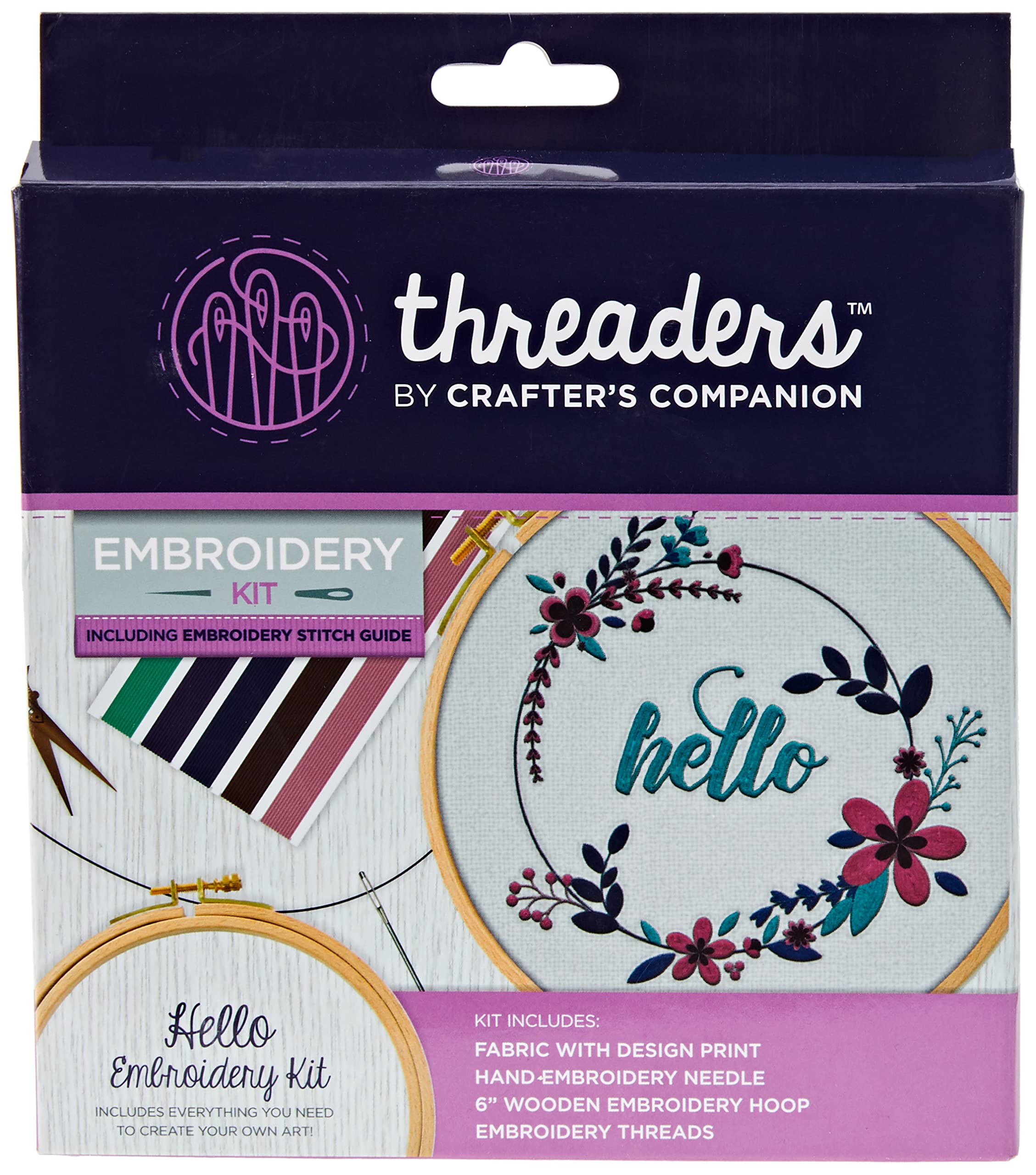 Threaders Embroidery Kit-Hello, Cotton, Multicoloured, 18.5 x 16 x 2 cm