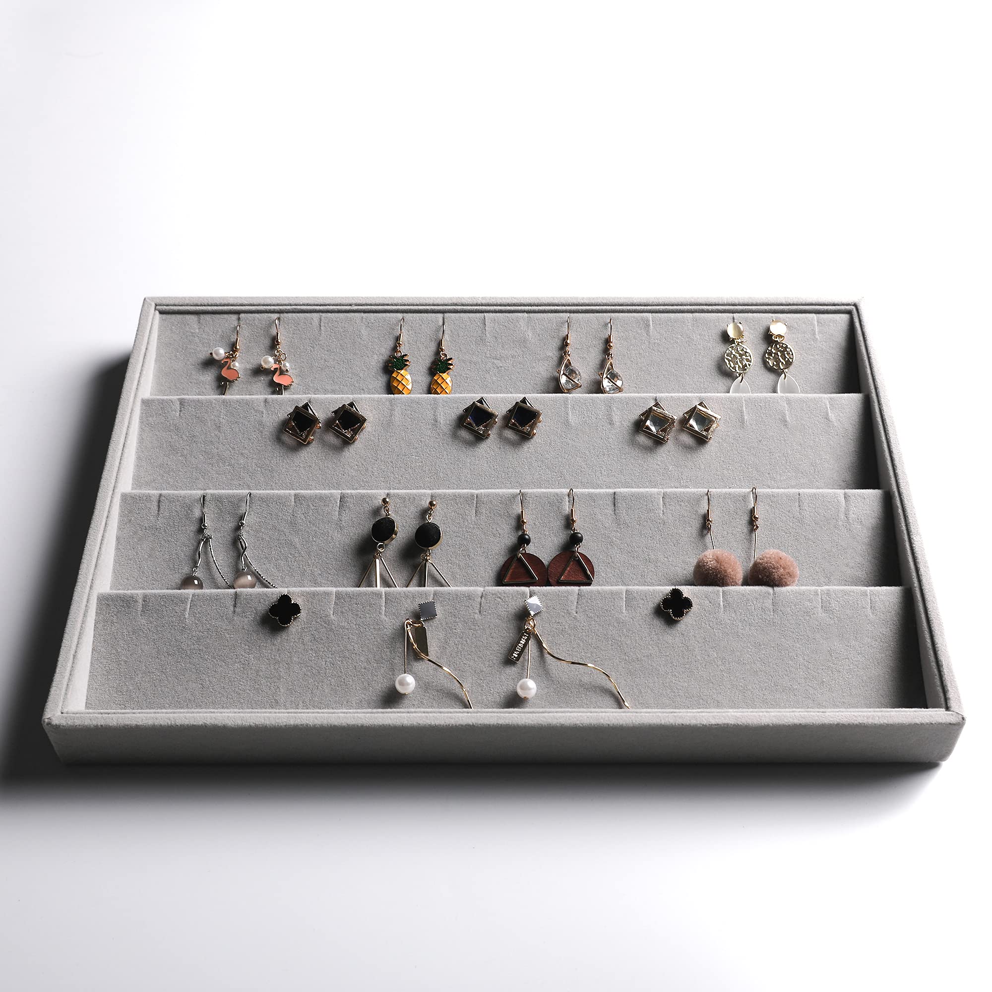 Stackable Velvet Jewelry Organizer Trays for Drawers Inserts Jewelry Storage Tray Display Case Earrings Bracelets Necklace Rings Accessories Trays for Women Girls(Set of 4)(Grey).
