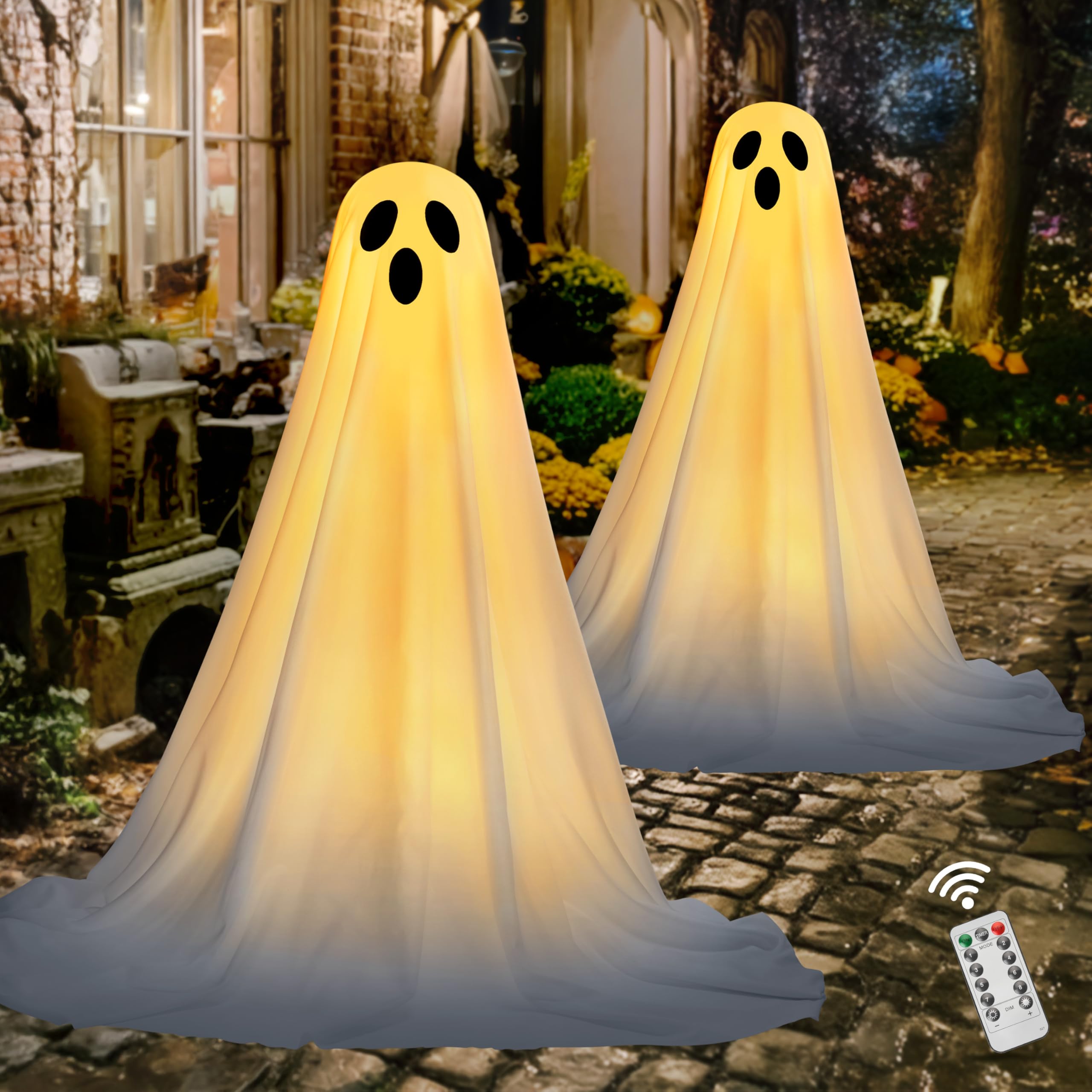 Photo 1 of JOYIN 2 Pack 47'' Halloween Decorations Outdoor Light Up Ghost with Timer, Standing Ghost Halloween Decor with Warm String Light for Yard Porch Lawn Garden Party Supplies
