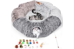 Odoland Extra Large Cat Tunnels for Indoor Cats, Fluffy Cat Bed and Collapsible Donut Cat Tube with 20pcs Cat Toys for Chewin