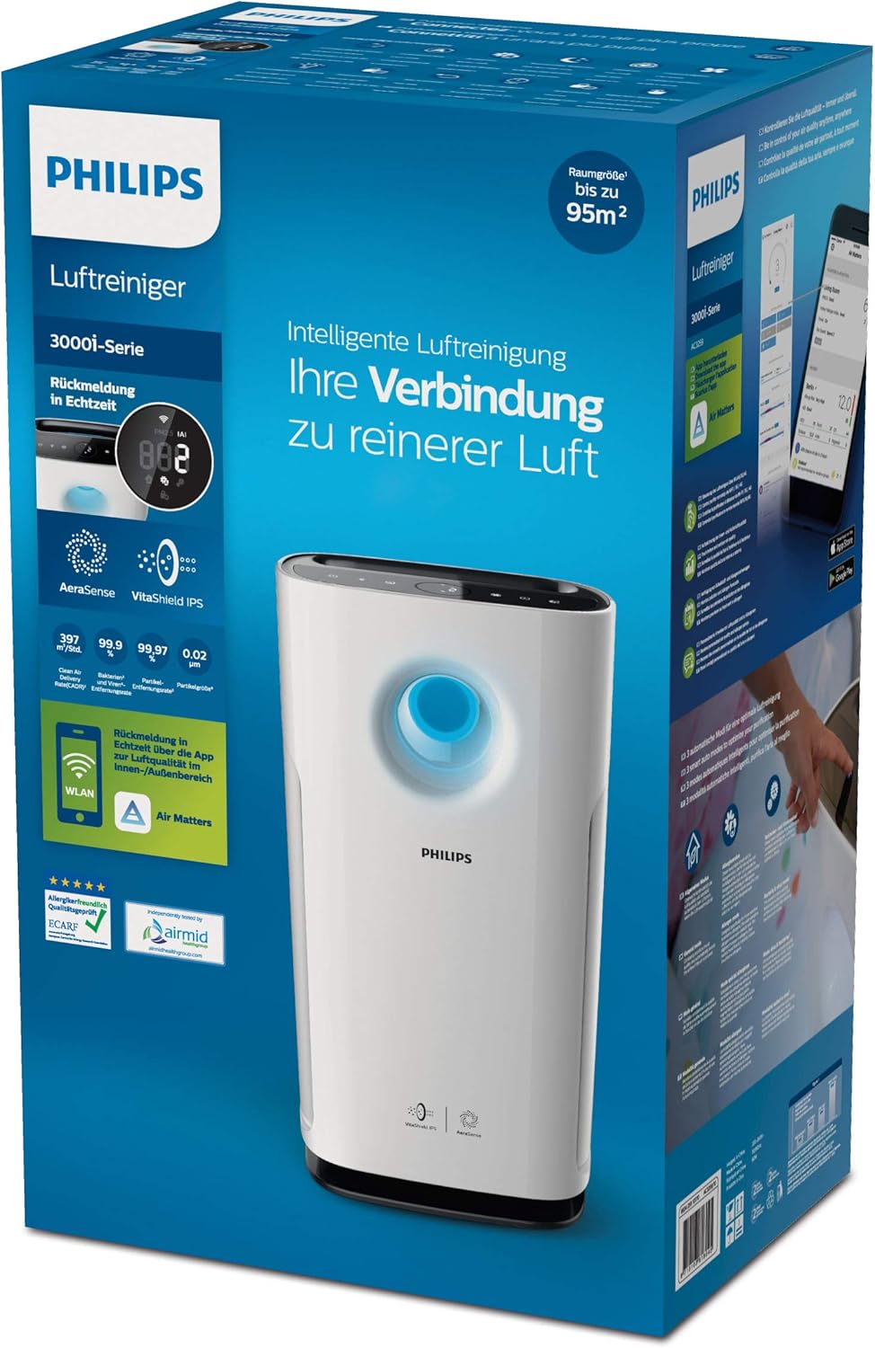 Philips Ac3259 10 Luftreiniger Connected Ecarf Zertifiziert Fur Allergiker Bis Zu 95m Cadr 393m H Aerasense Sensor Mit App Steuerung Weiss Amazon De Baumarkt