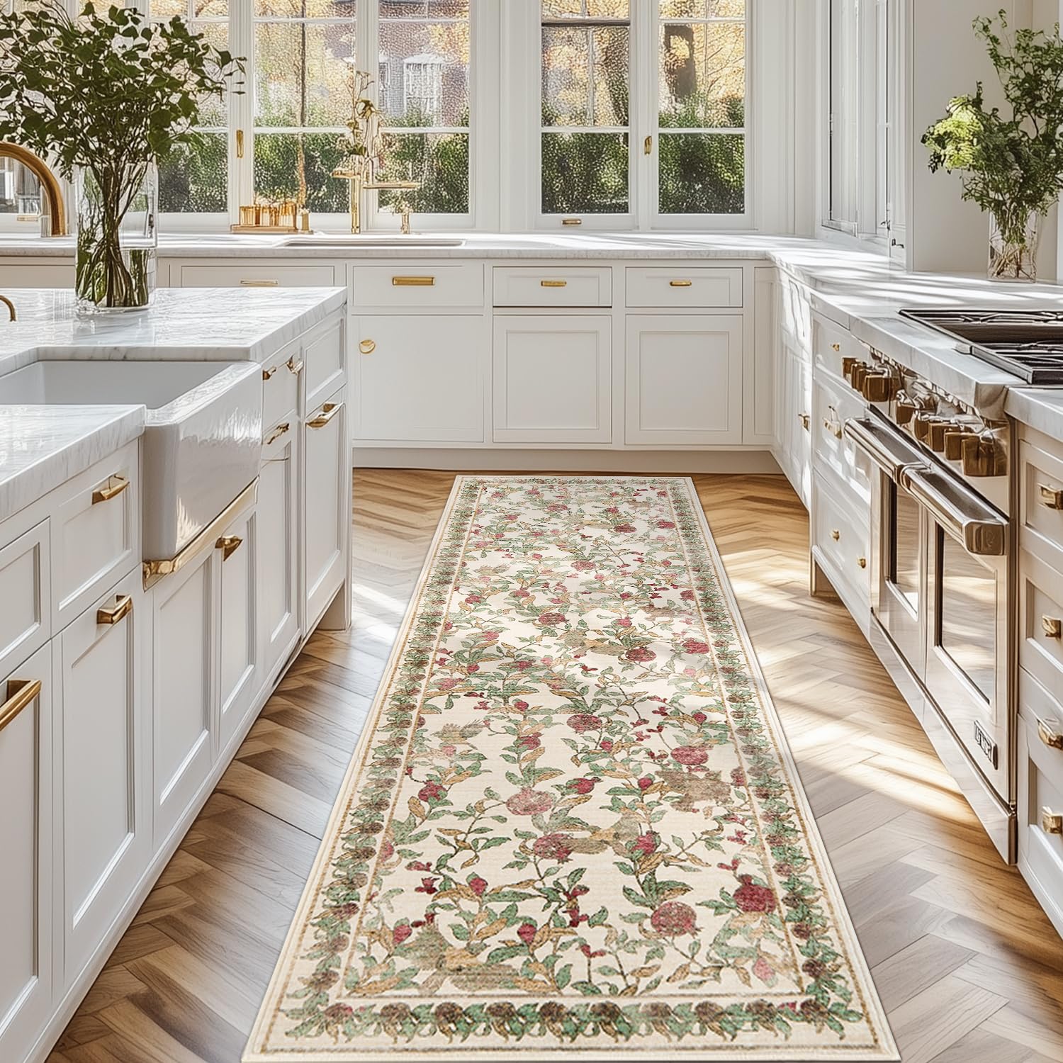 Photo 1 of jinchan Floral Washable Runner Rug 2x5 Vintage Spring Hallway Rug Non-Slip Lightweight Soft Thin Kitchen Low Pile Distressed Red Green Carpet for Bathroom Laundry Room Bedroom Entryway