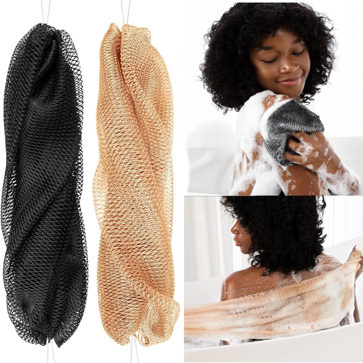 African Shower Net Sponge with Knotted Design – Exfoliating Afro Bath Mesh Scrubber – 2-Pack Body Wash Net for Deep Cleansing, Suitable for Most Skin Types & Back Washing