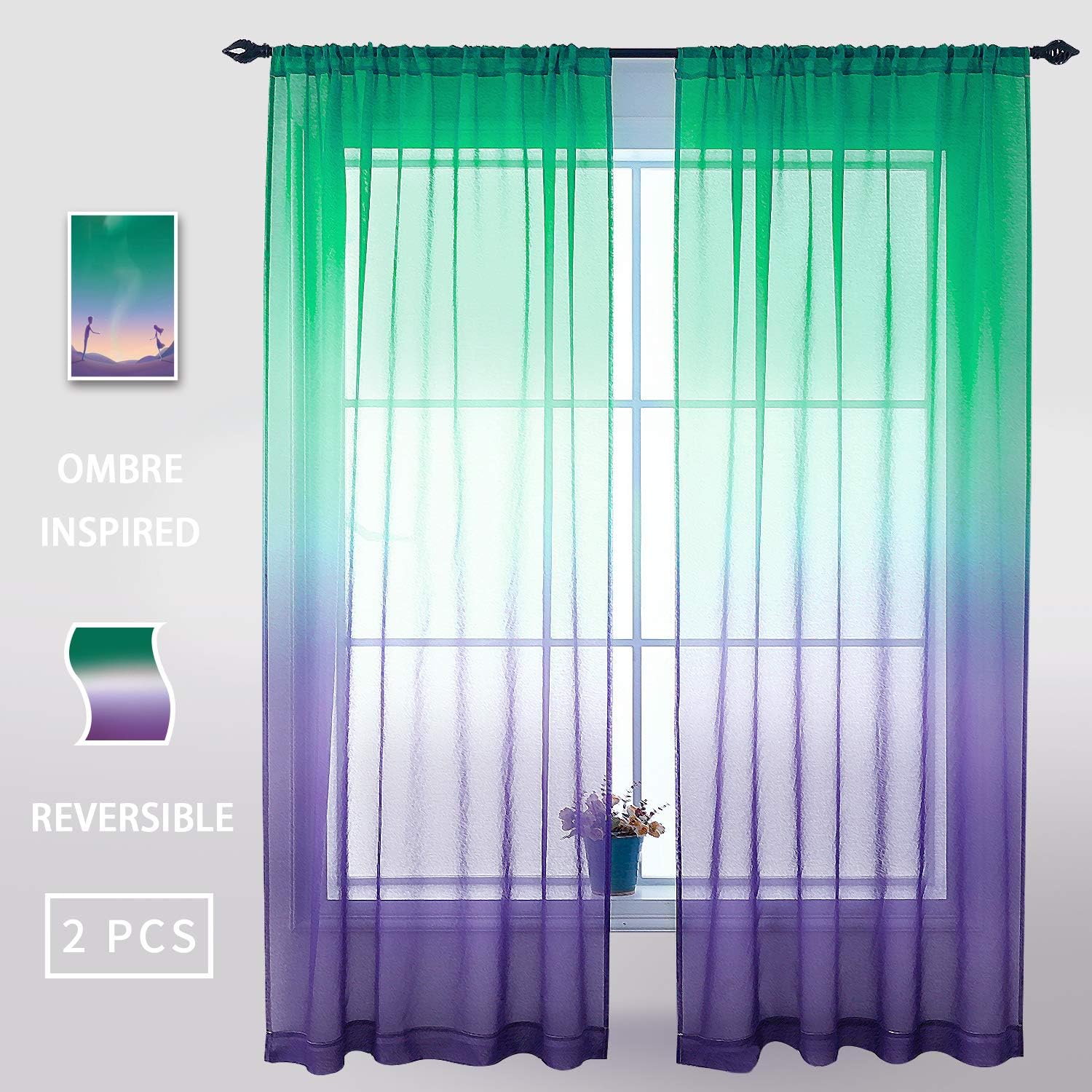 Lilac Turquoise Ombre Sheer Curtains Mermaid Decor Reversible Lilac and Turquoise Voile Reversible Panels 100% Polyester Faux Linen Curtain for Girls Bedroom Nursery Kid 54 x 84 inch Length, 1 Pair