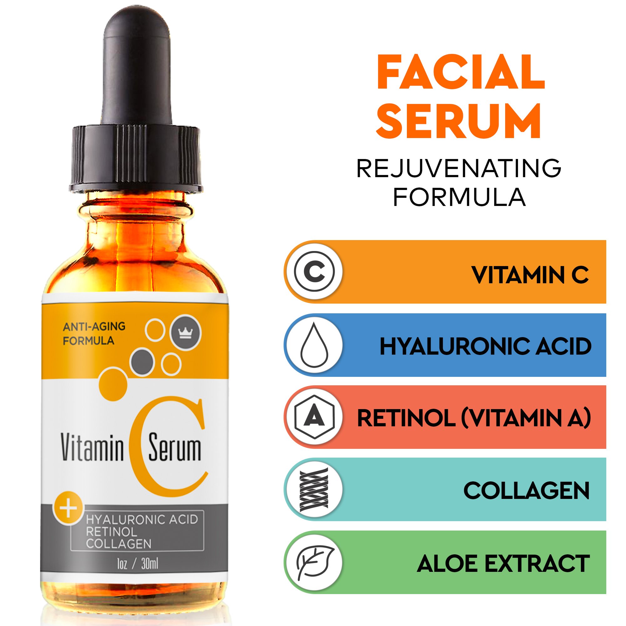 Vitamin C Serum for Face with Retinol & Pure Hyaluronic Acid - USA Made - Anti-Aging Collagen Facial Serum - Best Anti-Wrinkle Solution for Skin and Neck