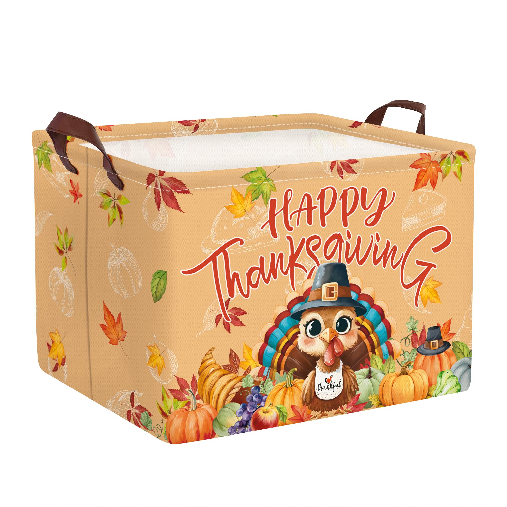 Clastyle Fall Harvest Festival Laundry Hamper Pumpkin Collapsible Clothes Kids Storage Basket Maple Leaf Thanksgiving Autumn Boys Girls Toy Box for Nursery Room, Brown Turkey, 40x30x30 cm
