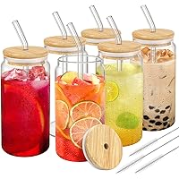 Glass Cup with Lids and Straw, 16oz Glasses Cups with Bamboo Lids and Straws Set of 6 Beer Glass Iced Coffee Glasses Cute Tum