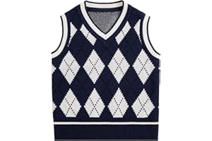 Verdusa Boy's V Neck Argyle Print Knitted Vintage Sweater Vest Casual Sleeveless Pullovers