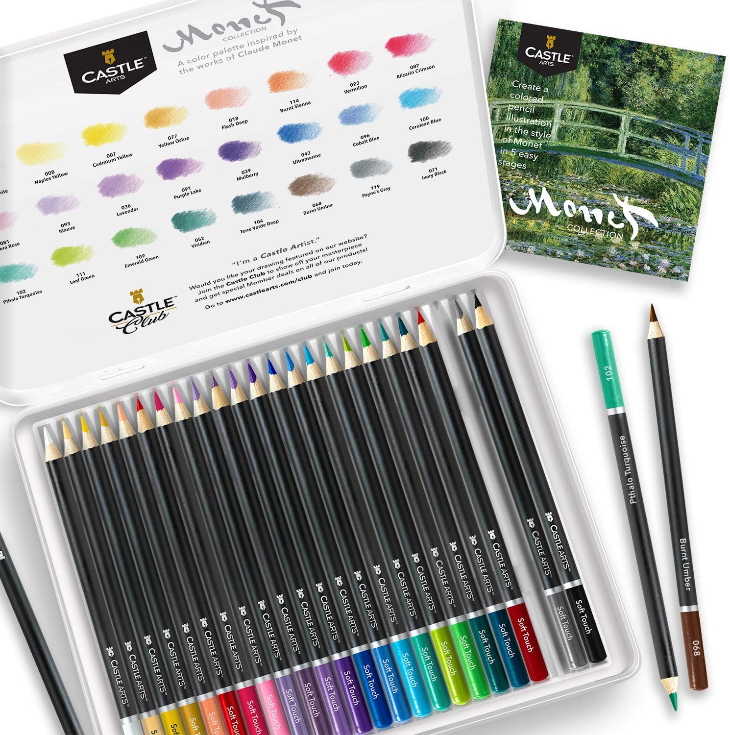 Castle Arts Themed 24 Colored Pencil Set in Tin Box, perfect ‘Monet’ inspired colors. Featuring, smooth colored cores, superior blending & layering performance achieving great results : Office Products