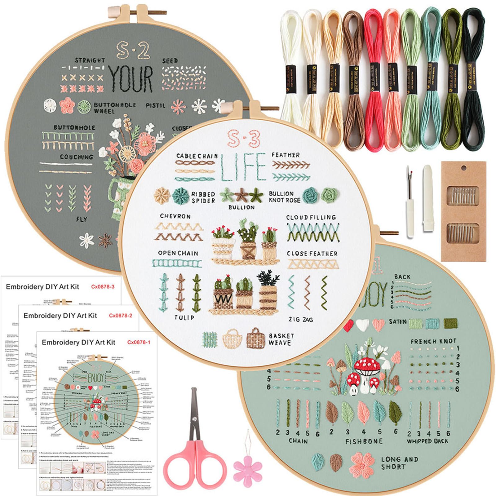 3 Sets Embroidery Stitch Practice Kit for Beginners, Basic and Advanced Embroidery Stitches Skill Techniques for Adults and Kids, Absolute Embroidery Starter Kits, Hand Crafts Kit (Stitch)