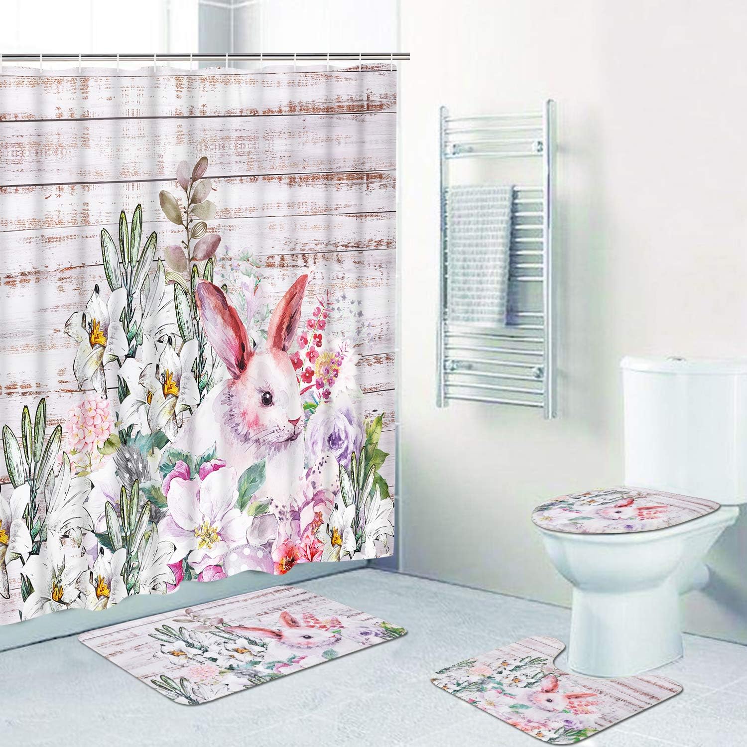 Pknoclan 4Pcs Easter Day Shower Curtain Set with Rugs, Toilet Lid Cover
