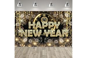 FECEDY HAPPY NEW YEAR Hanging Extra Large Fabric Sign Poster Black Background Banner with Firework Pattern for New year Party Decorations