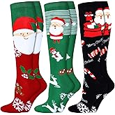 SATINIOR 3 Pairs Fun Christmas Cotton Socks Striped Knee High for Women Girl Holiday Compression Candy Santa Claus Reindeer Gingerbread Man Colorful Funny Xmas Tube Novelty Multicolor