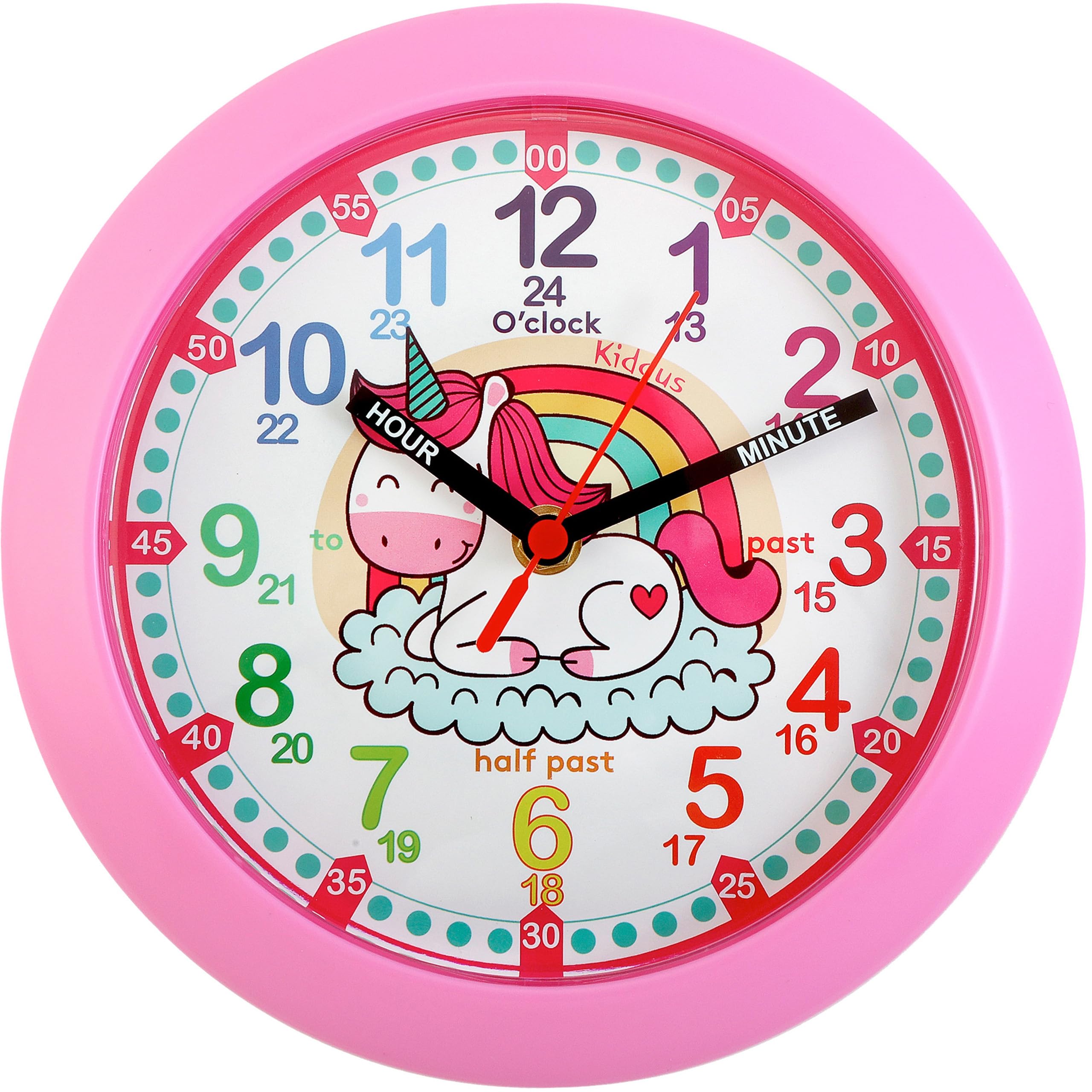 Kiddus Wall Clock for Boys and Girls. Silent Analogue Time Teacher with Exercises. Easy to Read and Learn the Time. Unicorn