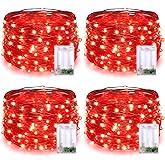 JMEXSUSS 4 Pack 50 LED Red Valentines Day Fairy Lights Battery Operated, 16.1ft Christmas Fairy Lights, Red String Lights for Bedroom Wedding Party Holiday Decorations