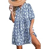 CUPSHE Women Floral Mini Summer Dress Ditsy V Neck Tie Puff Half Sleeve High Waist Smocked A Line Casual Beach Dresses