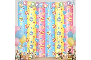 Yquqwn 2 Pack Easter Foil Fringe Curtain 3.3x6.6ft Colorful Egg Bunny Tinsel Backdrop for Spring Party Decorations Self-Adhes