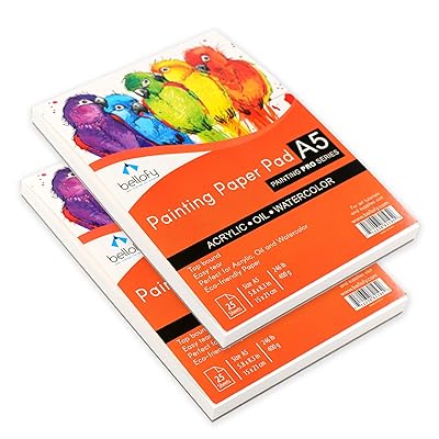 Bellofy A5 Painting Paper Pad Set of 2 - 25 Sheets / 50 Pages - Acrylic Oil Watercolor Cold Pressed Rough Finish Paper - 5.8 x 8.3 inch Small 246 lB / 400 GSM - Art Paper For Kids