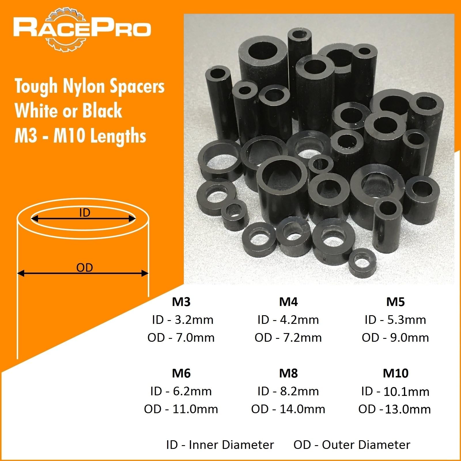 RacePro - 10x Black Tough Nylon Plastic Spacers Standoff Washers, M6 5mm Length