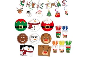 XUELIREN 190 Pcs Cartoon Christmas Party Supplies Christmas Party Decorations Disposable Plates, Disposable Dinner Dessert Napkins Tableware Decorations Favors For Xmas Holiday Party Decor Serves 30