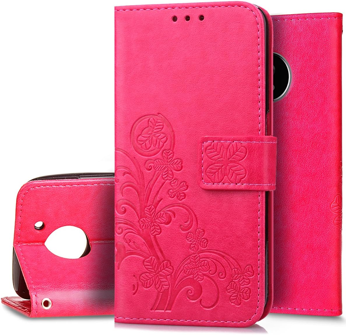 Moto G5 Case,Moto G 5th Gen Wallet Case,PHEZEN Four Leaf Clover Flower Design PU Leather Wallet Case Stand Flip Case with Credit Card Slot for Motorola Moto G (5th Generation), Hot Pink