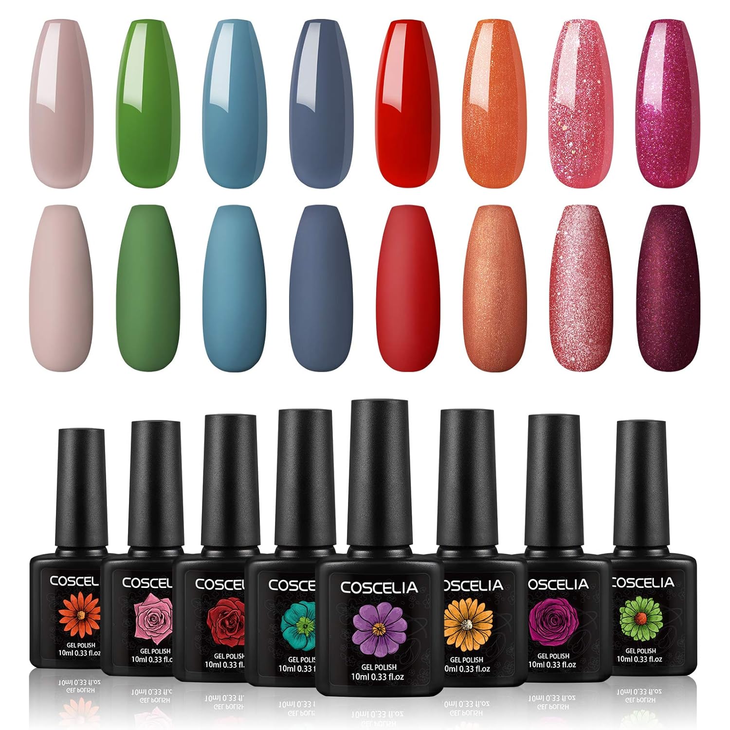Coscelia Gel Nail Polish Set 8 Colors Fall Gel Nail Polish Glitter Red Green Blue Nude Colors Popular Pastel Fall Collection U V LED Soak Off Gel Polish Nail Art Manicure Kit for Salon Home DIY : Beauty
