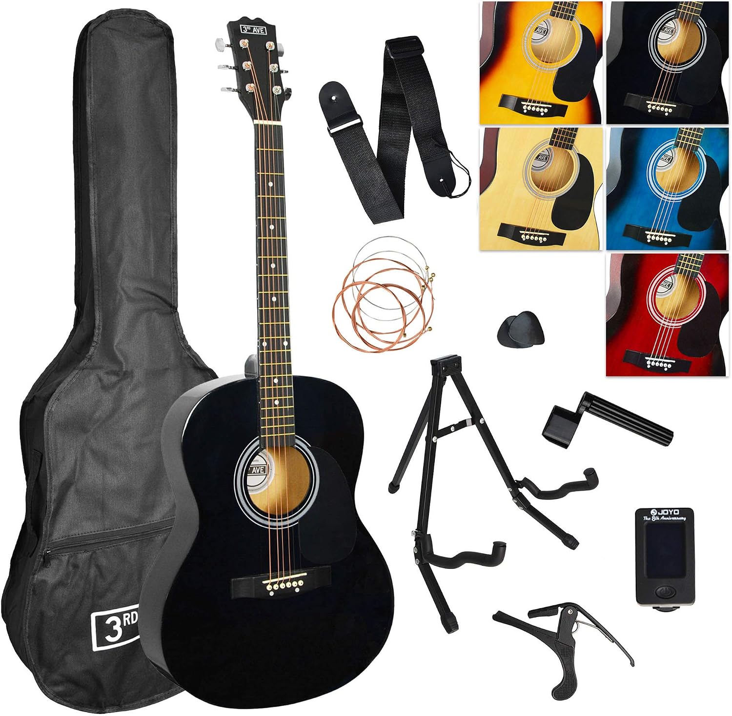3rd Avenue Full Size 4/4 Acoustic Guitar Pack for Beginners, 6 Months FREE Lessons, Gig Bag, Picks, Spare Strings, Stand