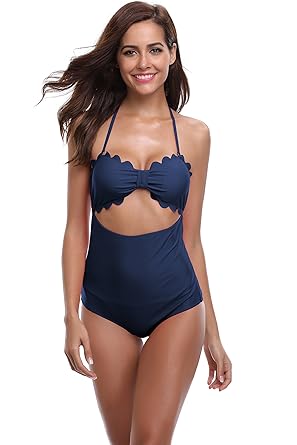 SHEKINI Damen Neckholder Gepolsterter Einteilige Badeanzügen Badeanzüge Badeanzug Monokini Spitze Bikini Bademode