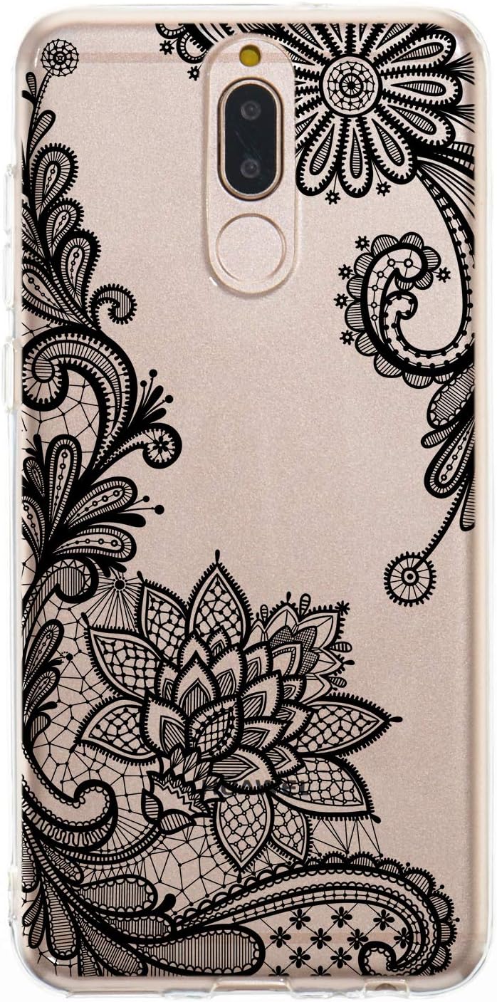 QFUN Clear Case for Huawei Mate 10 Lite with Screen Protector, Ultra Thin Slim Fit Soft Transparent Silicone Phone Case Crystal TPU Bumper Shell Scratch Resistant Protective Cover - Black Lotus