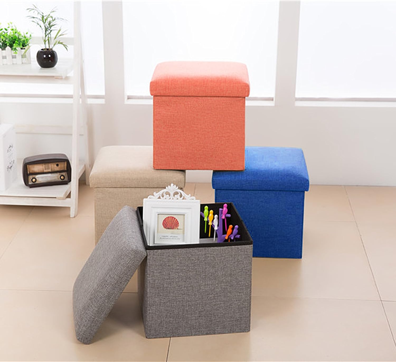 NISUNS OT01 Linen Folding Storage Ottoman Cube Footrest Seat, 12 X 12 X 12 Inches (Linen Gray): Kitchen & Dining