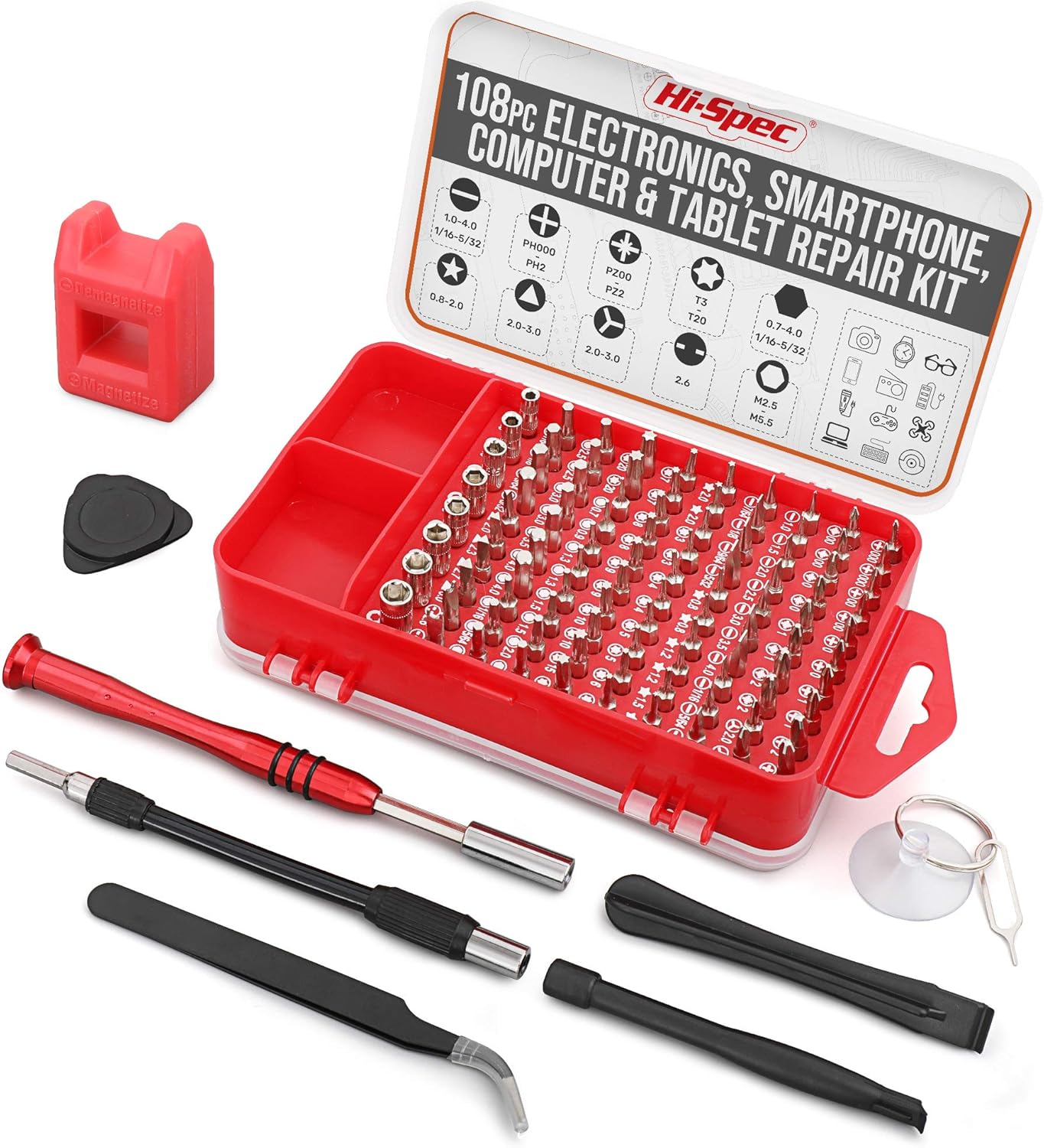 Hi-Spec 108 Piece Repair & Opening Tool Kit Set With Precision Screw Driver Bits For Android Mobile Cell Phones, iPhones, Macbooks, Laptops, Notebooks, Video Game Consoles & Electronic Gadgets: Home Improvement