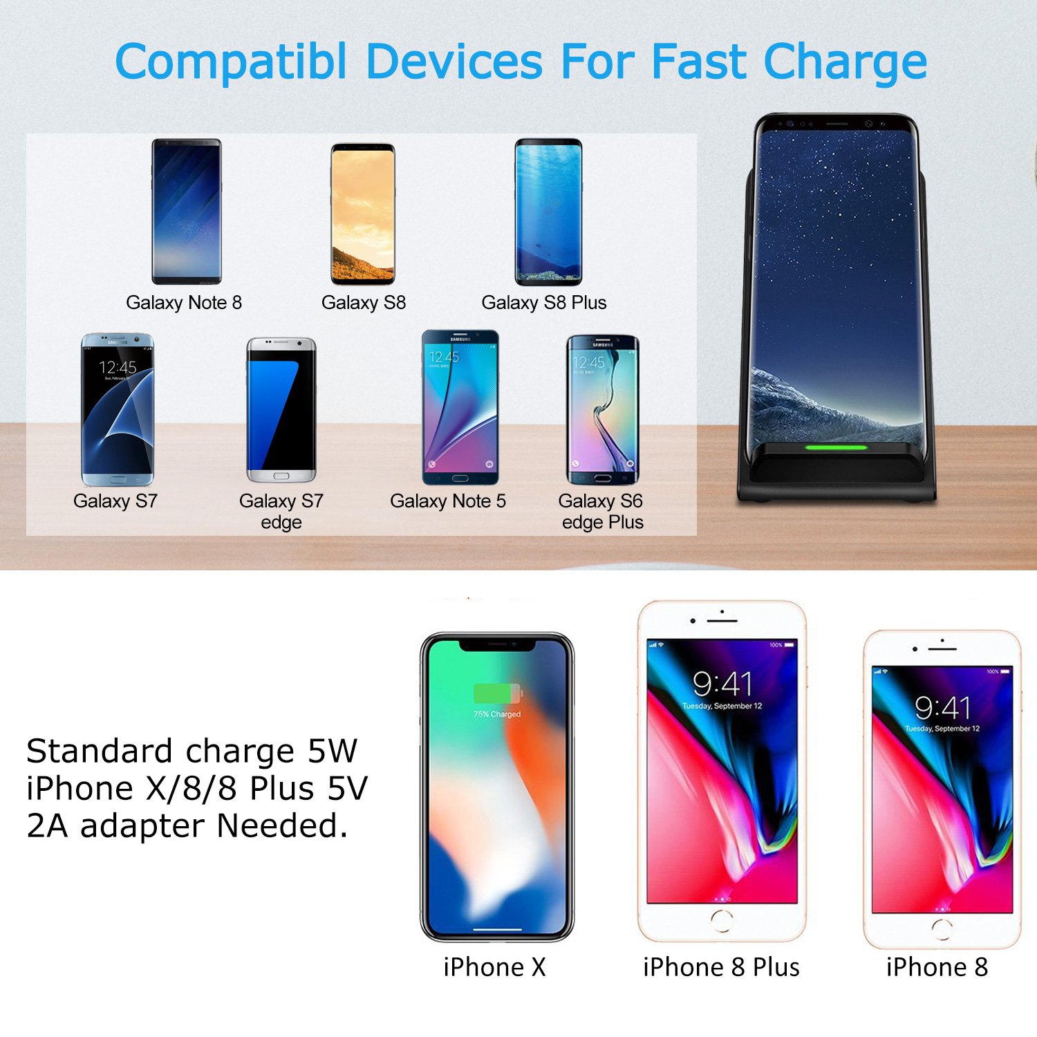 Ifecco iPhone X Wireless Charger, 10 W Fast Wireless Charging Stand for Galaxy Note 8/5 S8/S8 Plus S7/S7 Edge S6 Edge Plus, Standard Charge for iPhone X iPhone 8/8 Plus (Adapter not Include)