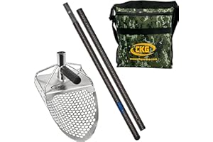 CKG Sand Scoops for Beach Metal Detecting Stainless Steel Beach Metal Detecting Shovel Underwater Treasure Hunting, Metal Detector Accessories(Bag + Scoop + Carbon Fiber Handle), (11x7 + Handle)