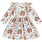 Pudcoco Kids Toddler Baby Girls Christmas Gingerbread Man Dress Ruffle Long Sleeve Candy Cane Print Xmas Dress
