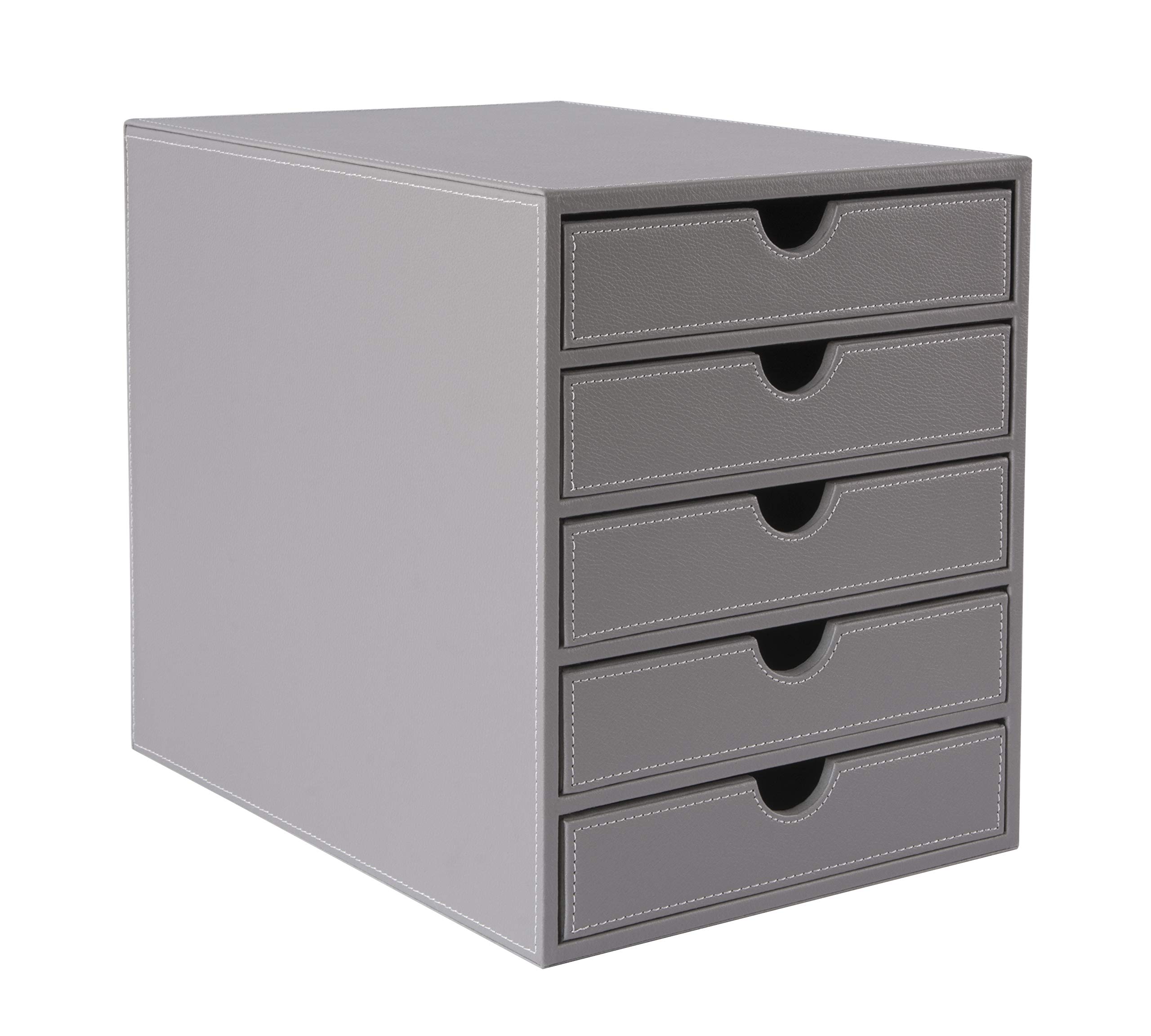 OSCO Faux Leather 5 Tier A4 Document Storage Organiser, Paper Sorter Drawer Unit, Desk Tidy for Home Office, Paperwork Filing Cabinet, 31 x 25.3 x 34 cm, Grey