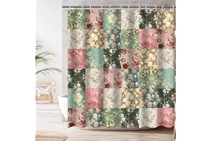 MOCSICKA Shower Curtains for Bathroom, Boho Shower Curtain, Vintage Green Boho Floral Bathroom Decor Bath Curtain, Mid Century Waterproof Retro Farmhouse Patchwork Floral Shower Curtain, 72 X 72 Inches