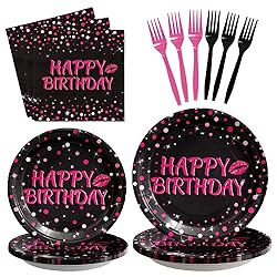 Grencian 96Pcs Hot Pink and Black Birthday Party