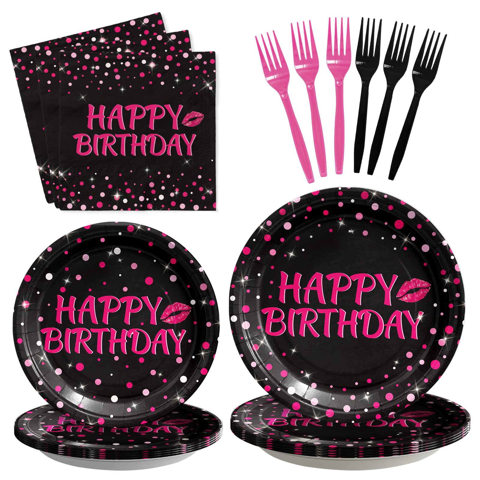 Grencian 96Pcs Hot Pink and Black Birthday Party