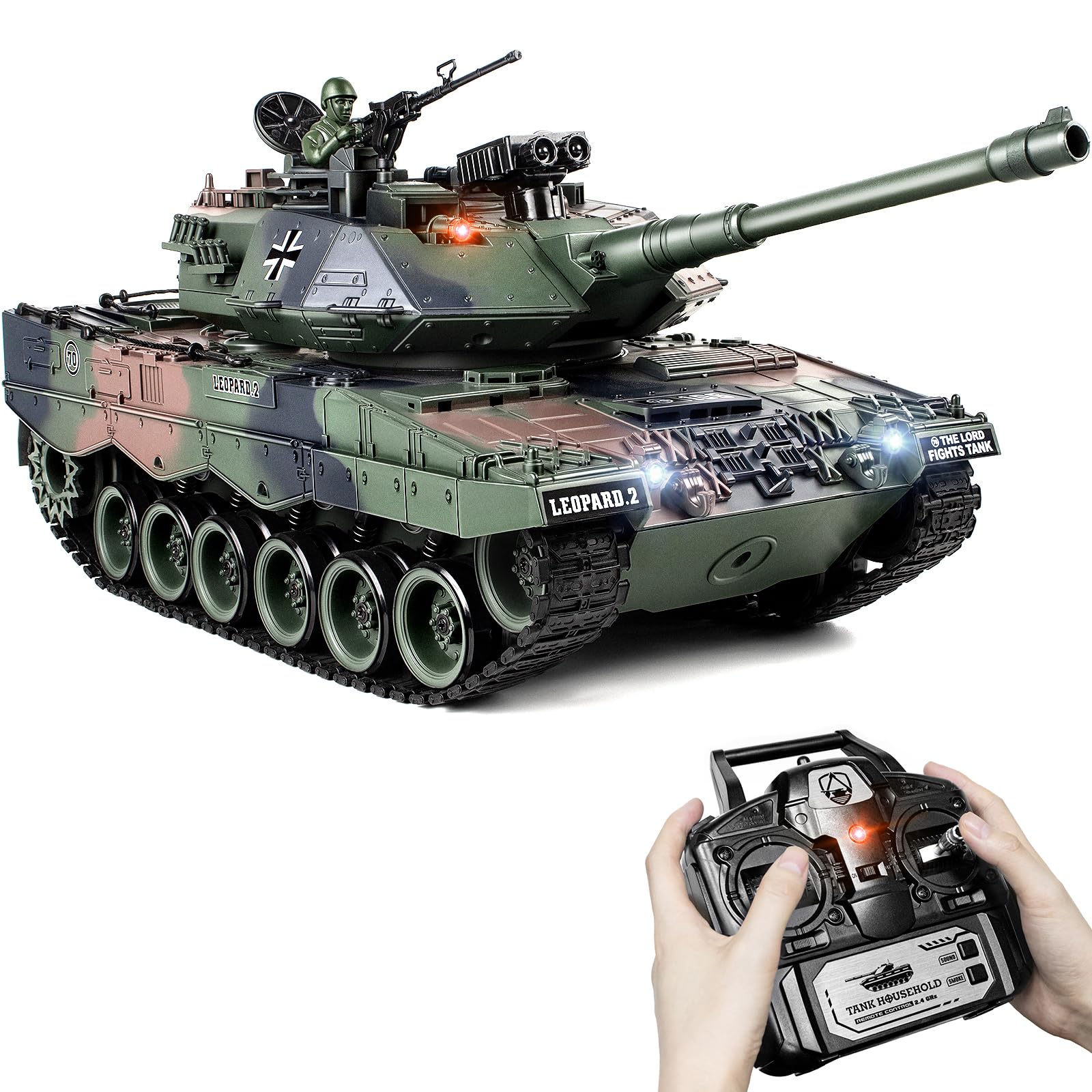1:18 RC Tank, 2.4Ghz German Leopard II Remote Control Tank Model Toys, Battle Army Tank 15 Channel with Smoke Light and Sound, Military Toy for Adults and Kids That Shoots BBS and Water Bombs