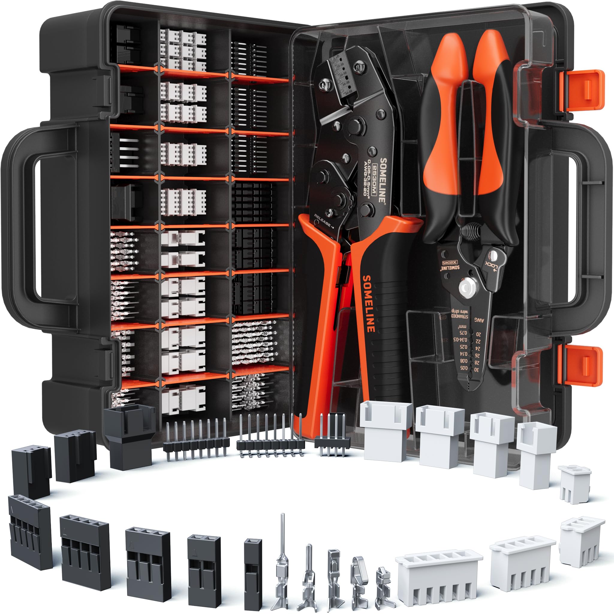 Dupont Crimping Tool Kit, 2870 PCS 2.54mm Connector Assortment, SN-58B Ratcheting Wire Crimper AWG 24–16 (0.25–1.5mm²), 1–10 Pin & 2×2–2×9 Housings, 40-Pin Headers, Jumper Caps & Ribbon Cable