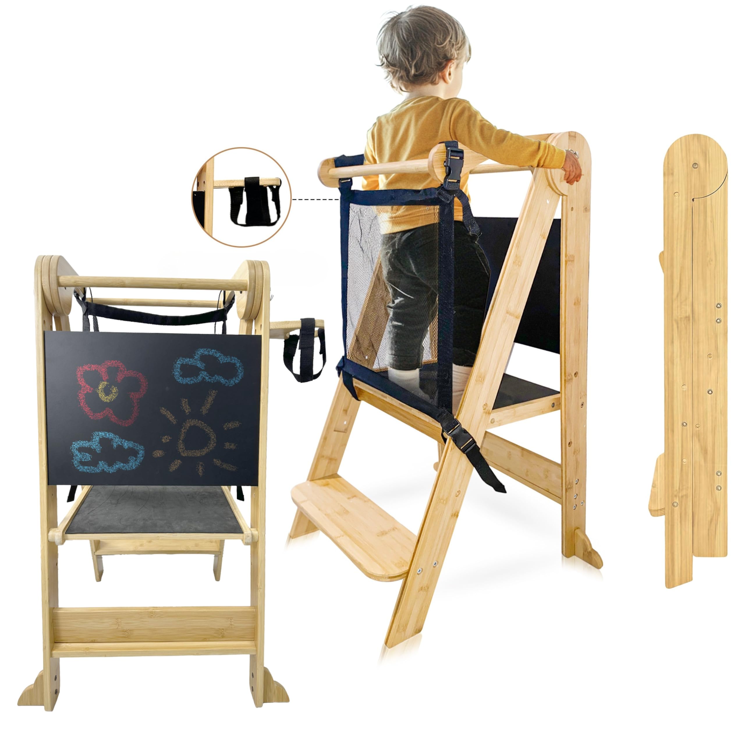 Photo 1 of SK Designs Foldable Toddler Tower with Cup Holder - Kitchen Learning Stool Helper, Montessori Kids Standing Tower for Counter, Collapsible, Adjustable Baby Step Stool with Safety Net for Bathroom Sink
