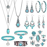FIBO STEEL Bohemian Turquoise Jewelry Set for Women Western Jewelry Vintage Turquoise Pendant Necklace Bead Bracelet Leather Cuff Bracelet Dangle Earrings Knuckle Rings Boho Jewelry