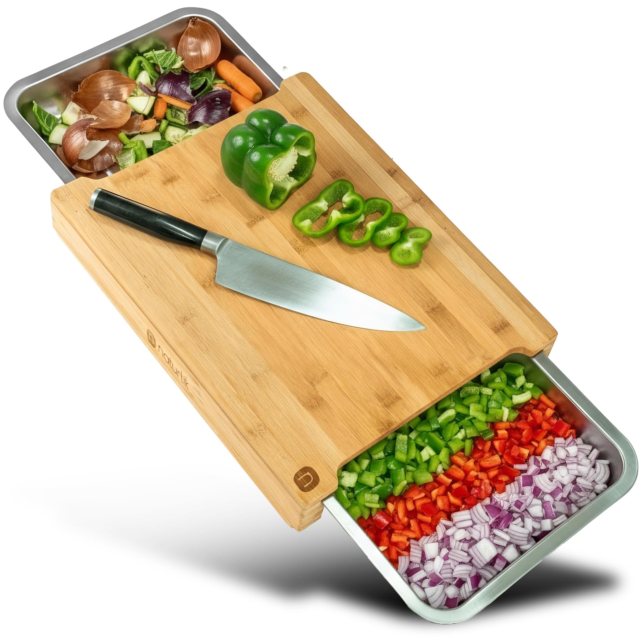 naturlik Chopping Board XL with Magnetic Trays - Practical Kitchen aid - Bamboo Cutting Board with Tray - Wooden Chopping Board Kitchen