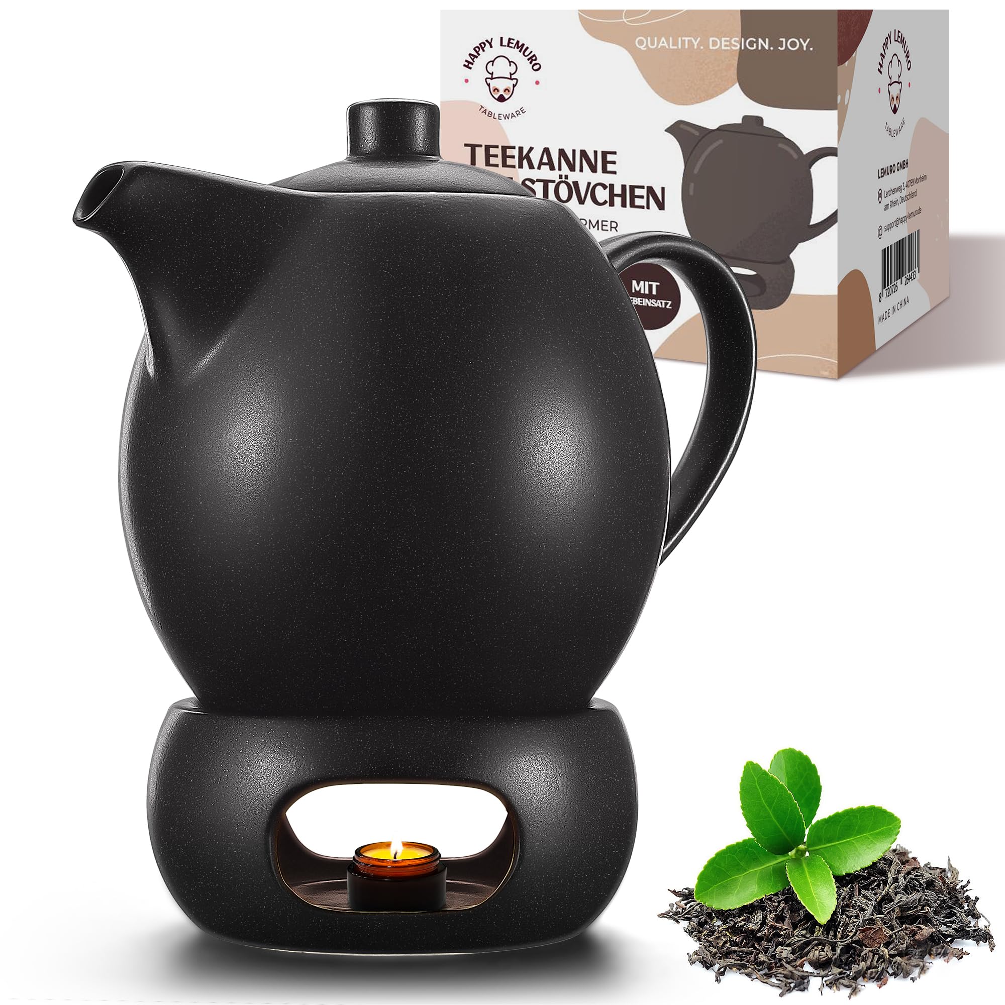 Teapot with warmer set - 1.2 l - with strainer insert - Tea Pot - Teapot - Accessories - Ceramic - Black with candle warmer - Tea pot