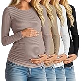 Huukeay 4 Pack Women's Maternity Shirts, Long Sleeve Cotton Ribbed Pregnancy Tops Side Ruched Crew Neck Casual Mama Clothes