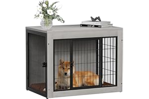 Bigrab Dog Crate Furinture with Thick Cushion, Side End Table Wooden Dog Cage with Double Doors, Chew-Resistant Dog Kennel Dog House Indoor for Small to Large Dog, M (Grey)